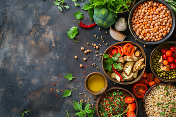 food, spices and spices, vegetables on the table, close-up, copy space