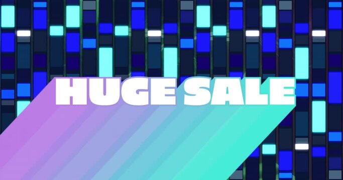 Animation of huge sale text in white over flashing blue and white rectangles
