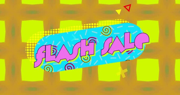 Animation of flash sale text in pink over kaleidoscopic yellow and green shapes