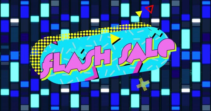 Animation of flash sale text in pink over flashing blue and white rectangles