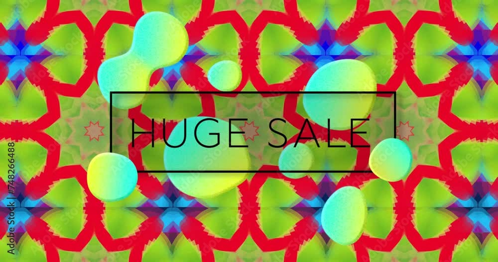Poster animation of huge sale text with white blobs over red and green kaleidoscopic pattern