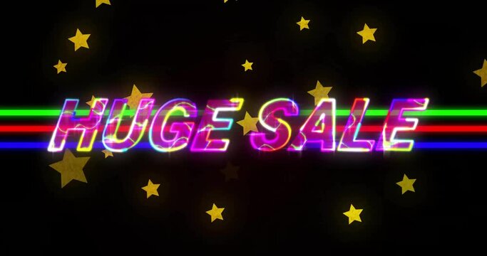 Animation of huge sale text in colourful letters over gold stars on black background