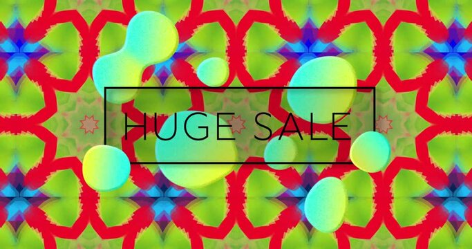 Animation of huge sale text with white blobs over red and green kaleidoscopic pattern