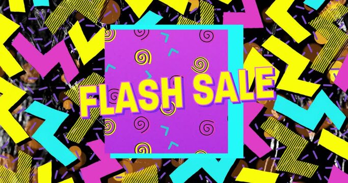 Animation of flash sale text yellow, blue and pink shapes on scratch background