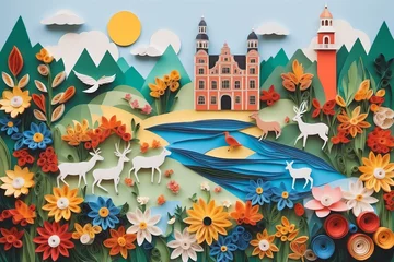 Fotobehang Colorful wildlife, flora and fauna in paper art style, inspired by quilling and scrapbooking, promoting nature conservation, perfect for design use with side view © ElleWi