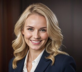 A smiling business office women with a suit inside her office.