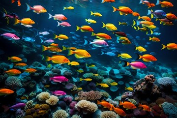 Fototapeta na wymiar coral reef and fishes, Immerse yourself in the mesmerizing beauty of colorful fish as they glide gracefully against a velvety black backdrop, their vibrant hues shimmering like jewels in the dark