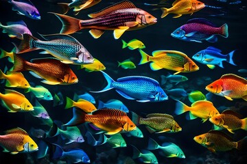 fish in aquarium, Immerse yourself in the mesmerizing beauty of colorful fish as they glide gracefully against a velvety black backdrop, their vibrant hues shimmering like jewels in the dark - obrazy, fototapety, plakaty