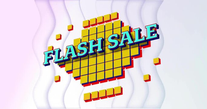 Animation of flash sale text on yellow squares over wavy lines on pale pink background