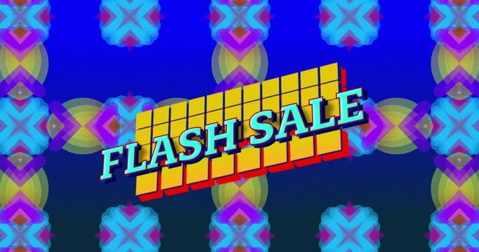 Animation of flash sale text on yellow squares over blue and pink kaleidoscopic pattern