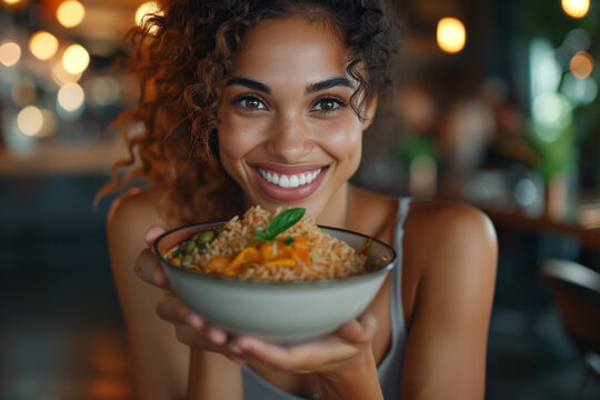 Radiant woman offering a bowl of healthy rice meal. Generative AI image