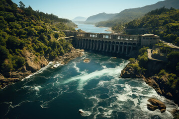 Majestic Hydroelectric Dam with Rushing Water. Generative AI image