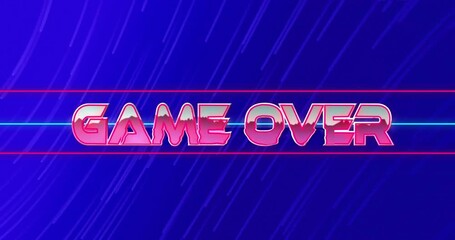 Animation of game over text in pink metallic letters over blue light trails on blue background