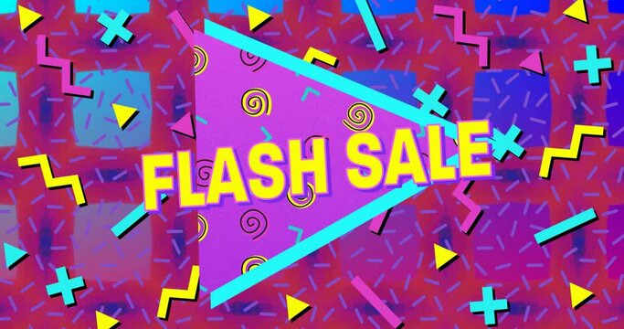 Animation of flash sale text and abstract shapes over blue and pink pattern