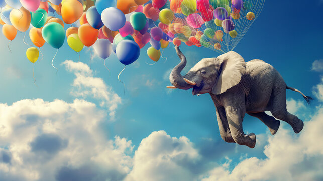 Lustiges Grußkartenmotiv mit skurrilen witzigen Tieren schwebend in der Luft an bunten Luftballons als Grußkarte Idee Vorlage mit Platz für Text Generative AI