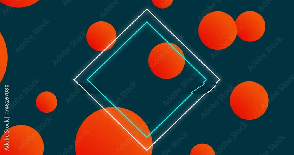Poster Animation of white and blue line diamond and data processing over red circles on dark background