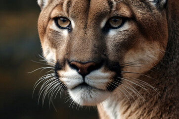 Up close and personal with cougar in natural habitat. Showcasing fierce and serious gaze as wild predator in exotic natural world. Animal themes wildlife concept. Copy ad text space. Generated Ai