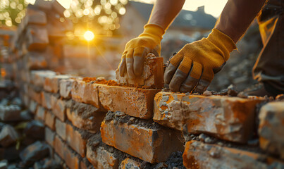Bricklayer building and constructing a stone wall from orange bricks with gloved hands close up....