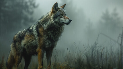 Howling wolf on dark background of forest and full moon in winter. 