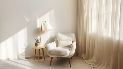Photo of a beige armchair standing by the window next to a floor lamp and a coffee table, daylight,...