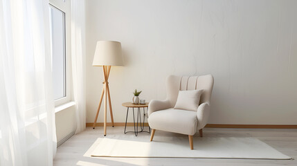 Photo of a beige armchair on a light background, next to a floor lamp and a coffee table, daylight, minimalism, realism, modern style