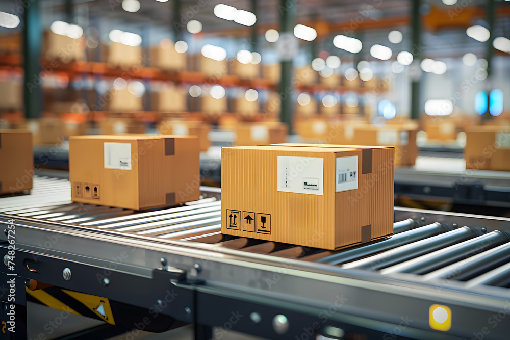 Poster conveyor belt in a distribution warehouse with row of cardboard box packages for e-commerce delivery