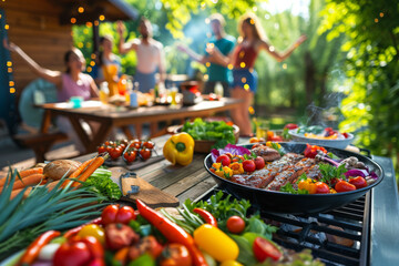 Vibrant Outdoor Dining with Grilled Delicacies and Fresh Veggies
