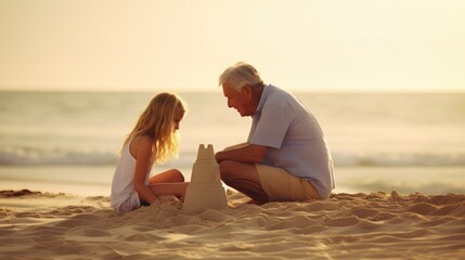 A family beach day with grandfather building sandcastles with granddaughter. Grandfather's wisdom, granddaughter's joy, in every castle.