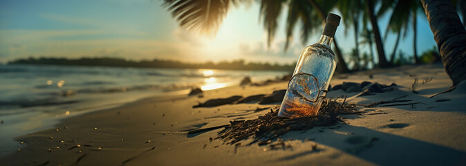 Glass bottle on the beach Dirty trash on the beach on a hot summer day. Generative AI