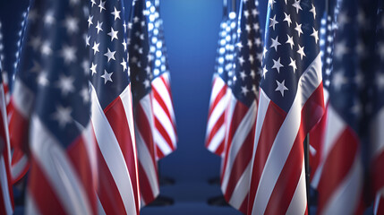 American flags lined up, symbolizing patriotism and the democratic process.