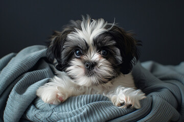Mischievous Shih Tzu puppy with a playful expression, photographed with a Samsung camera to highlight the fluffiness of its coat.