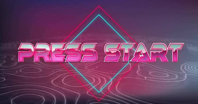 Animation of press start text in pink metallic letters over moving contour lines on dark background