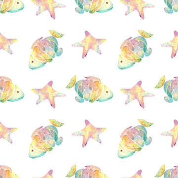 Fairy tale watercolor seamless pattern rainbow underwater life  with fish and starfish. Bright, festive and cheerful background.  Texture for wrapping paper, fabrics, decor, banners, cover.