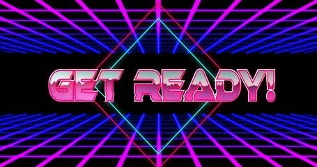 Animation of get ready text in pink metallic letters over pink and blue grids on black