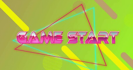 Animation of game start text in pink metallic letters over abstract shapes on yellow background
