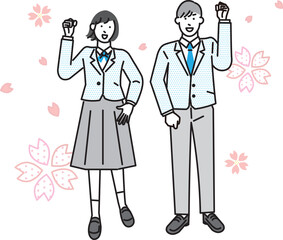 ガッツポーズをする学生男女ー全身ー卒業ー人物シンプルベクターイラスト素材