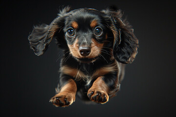 Pint-sized Dachshund puppy, ears flopping in mid-air, caught mid-jump with a Nikon lens to freeze the joyful moment in time.