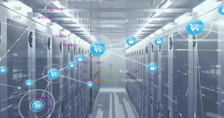 Animation of network of shopping cart and padlock icons with data processing over server room - Powered by Adobe