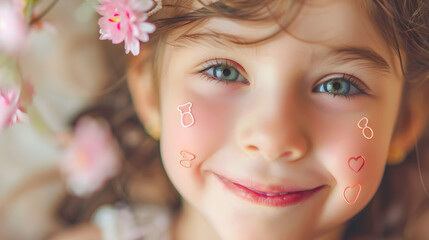 Fototapeta premium Cheerful little girl with blue eyes and smiley at on his face. International Children's Day. Copy space