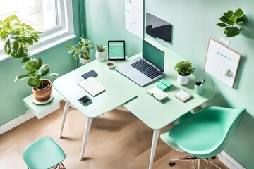 modern office interior, Step into a serene pastel green home office, where an empty table awaits, adorned with a laptop computer and a coffee cup, accompanied by a lush potted plant
