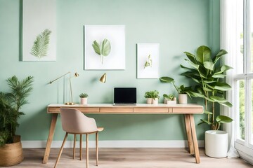 modern  room with table, Step into a serene pastel green home office, where an empty table awaits, adorned with a laptop computer and a coffee cup, accompanied by a lush potted plant