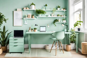 living room interior,Step into a serene pastel green home office, where an empty table awaits, adorned with a laptop computer and a coffee cup, accompanied by a lush potted plant