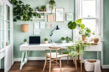 modern living room, Step into a serene pastel green home office, where an empty table awaits, adorned with a laptop computer and a coffee cup, accompanied by a lush potted plant