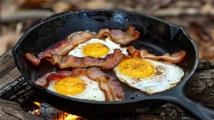 Deurstickers fried eggs with bacon and fried eggs in a pan © Vahagn