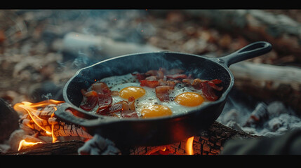 fried eggs with bacon and fried eggs in a pan
