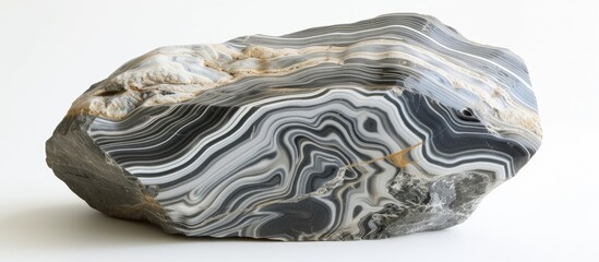 A black and white rock, with striped flint showcasing light and dark streaks that resemble flowing water, is positioned on top of a white surface.