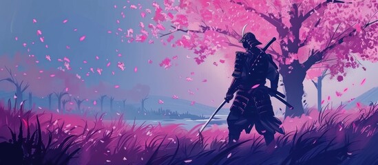Naklejka premium Samurai on castle sakura background