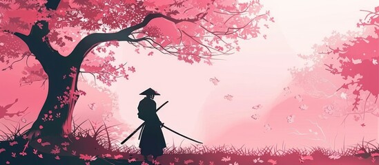 Samurai on castle sakura background
