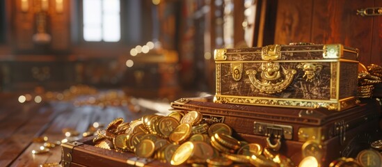 treasure trove of gold coins And chests and treasure - obrazy, fototapety, plakaty