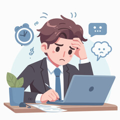 Flat design illustration of depressed and stressed businessmen looking at a laptop screen